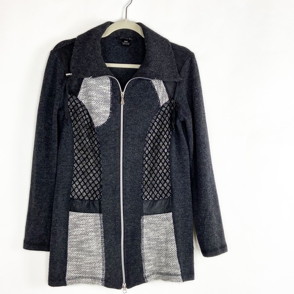 MICHAEL Tyler Full Zip Jacket Gray Black Abstract Patchwork Art To Wear Cardigan - Picture 1 of 16